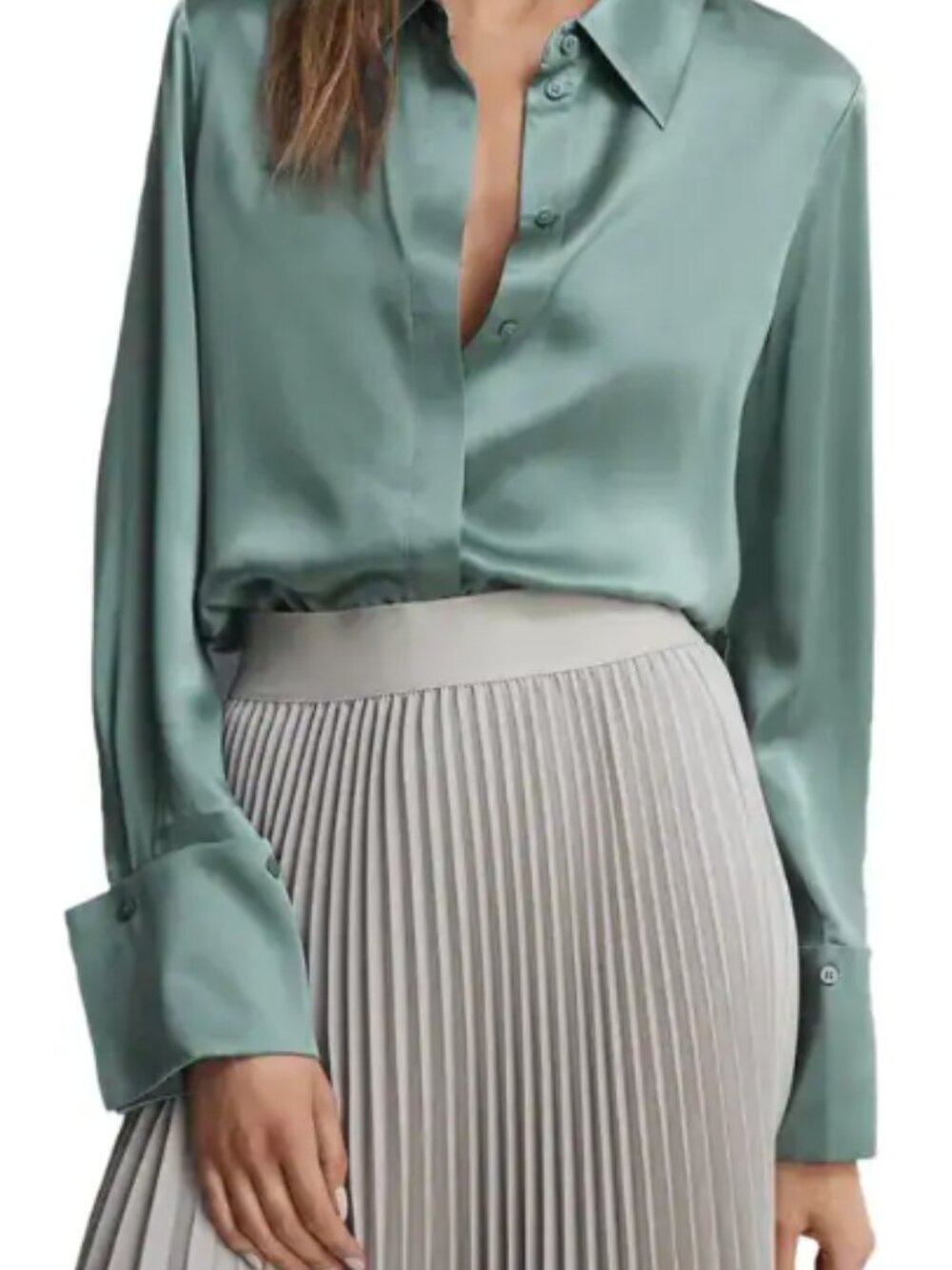 NWOT Reiss Silk Button-Front Blouse in Sage - $295 new! - Sz 12 / L- 100% Silk - Picture 2 of 3